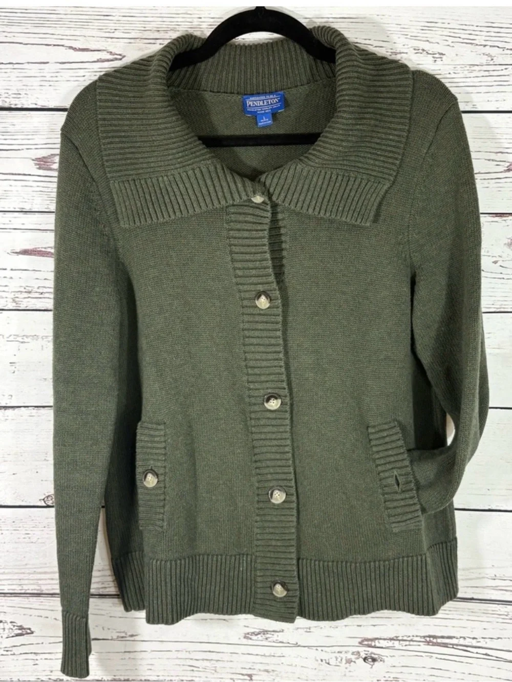 Pendleton Olive Button-Front Ribbed Collar Cardigan - Picture 1 of 4